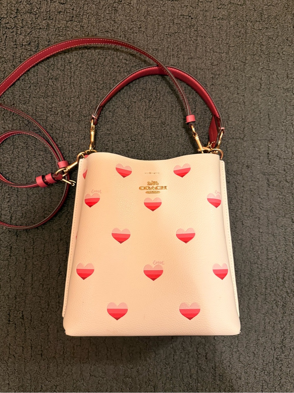 Coach Pink Heart Print Crossbody Bag with Red Trim